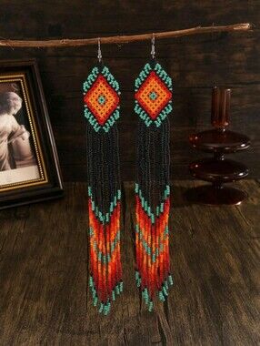 Handmade Vibrant Turquoise & Orange Beaded Earrings